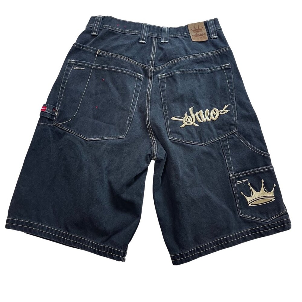 Vintage JNCO Shorts Jorts Baggy Wide Leg Men's Size 32 Black Crown Embroidered